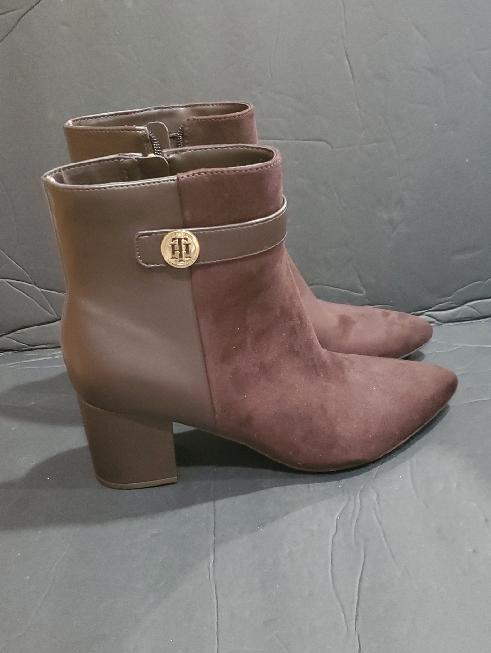 Tommy Hilfiger Herxi brown faux suede stacked block heel pointy toe ankle boots